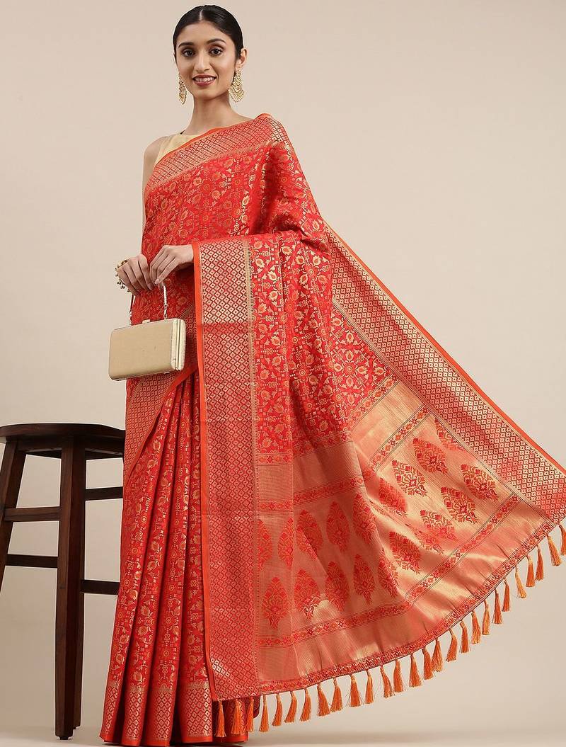 red red & gold-toned ethnic motifs zari silk blend patola saree