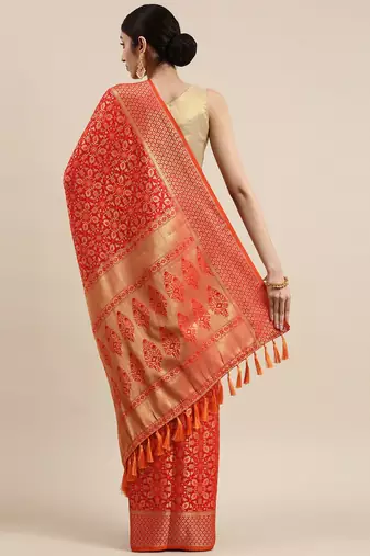 red red & gold-toned ethnic motifs zari silk blend patola saree