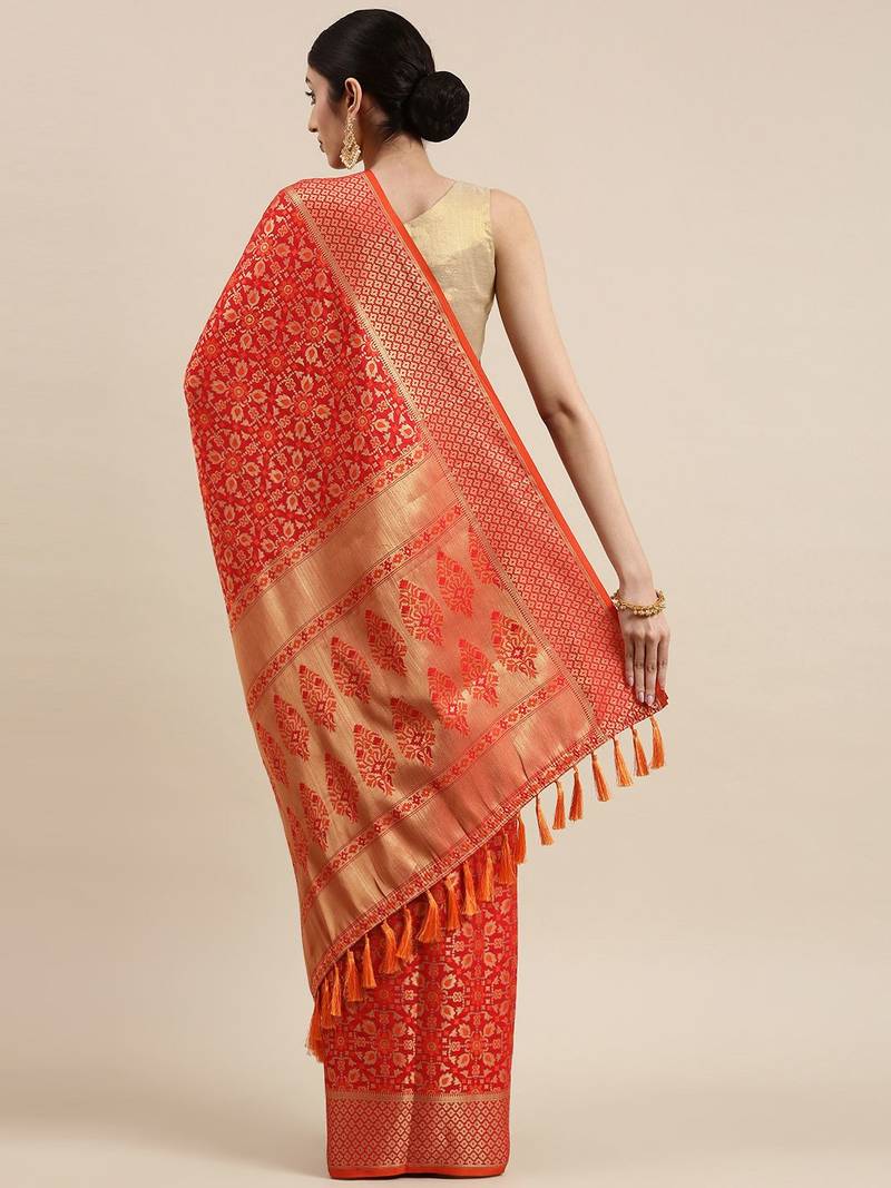 red red & gold-toned ethnic motifs zari silk blend patola saree