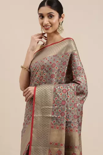 grey grey & maroon ethnic motifs zari silk blend patola saree