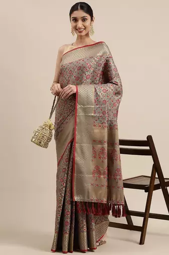 grey grey & maroon ethnic motifs zari silk blend patola saree
