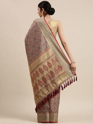 grey grey & maroon ethnic motifs zari silk blend patola saree 3