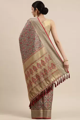 grey grey & maroon ethnic motifs zari silk blend patola saree