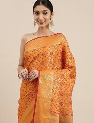 orange orange & gold-toned ethnic motifs zari silk blend patola saree 1