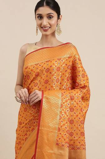 orange orange & gold-toned ethnic motifs zari silk blend patola saree