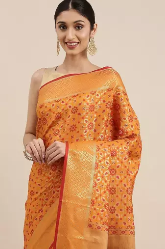 orange orange & gold-toned ethnic motifs zari silk blend patola saree