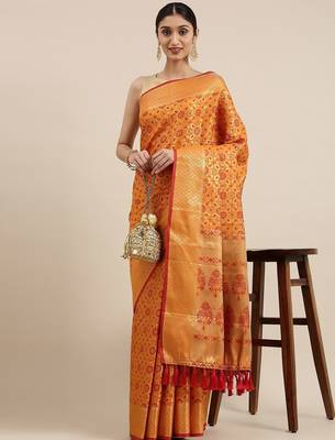 orange orange & gold-toned ethnic motifs zari silk blend patola saree 2