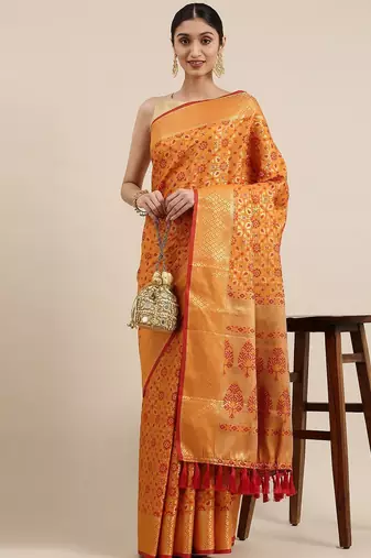orange orange & gold-toned ethnic motifs zari silk blend patola saree