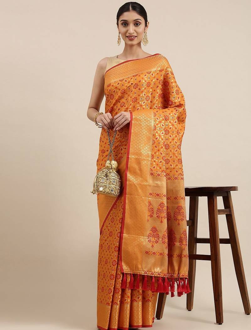 orange orange & gold-toned ethnic motifs zari silk blend patola saree
