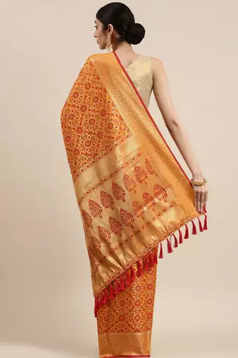 orange orange & gold-toned ethnic motifs zari silk blend patola saree