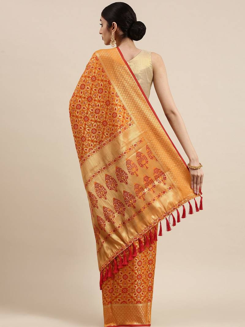 orange orange & gold-toned ethnic motifs zari silk blend patola saree