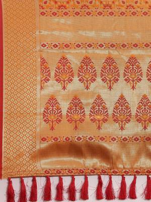 orange orange & gold-toned ethnic motifs zari silk blend patola saree 5