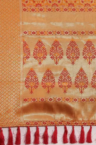 orange orange & gold-toned ethnic motifs zari silk blend patola saree