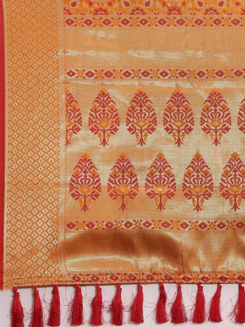 orange orange & gold-toned ethnic motifs zari silk blend patola saree