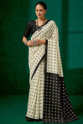 off_white off white & black geometric block print saree