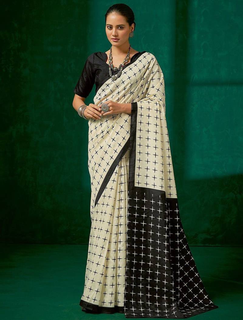 off_white off white & black geometric block print saree