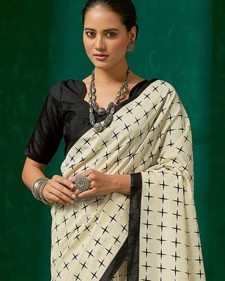 off_white off white & black geometric block print saree 2