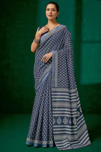 grey grey & white ethnic motifs printed bagh saree