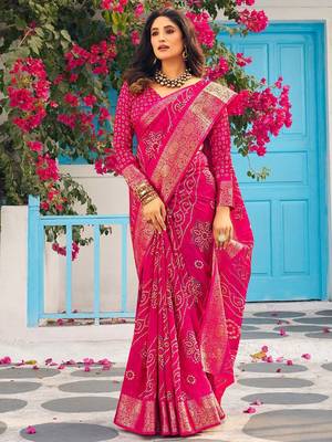 pink bandhani printed zari sungudi saree 1