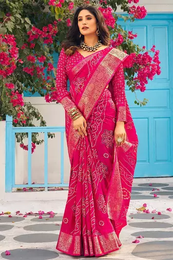 pink bandhani printed zari sungudi saree