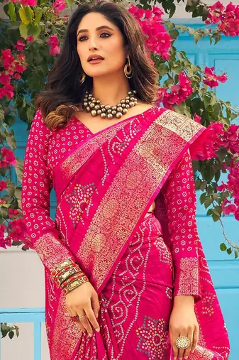 pink bandhani printed zari sungudi saree
