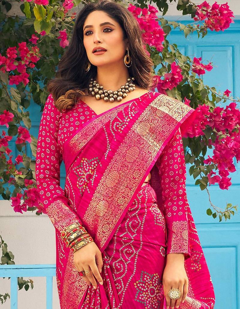 pink bandhani printed zari sungudi saree