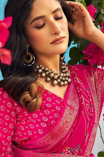 pink bandhani printed zari sungudi saree