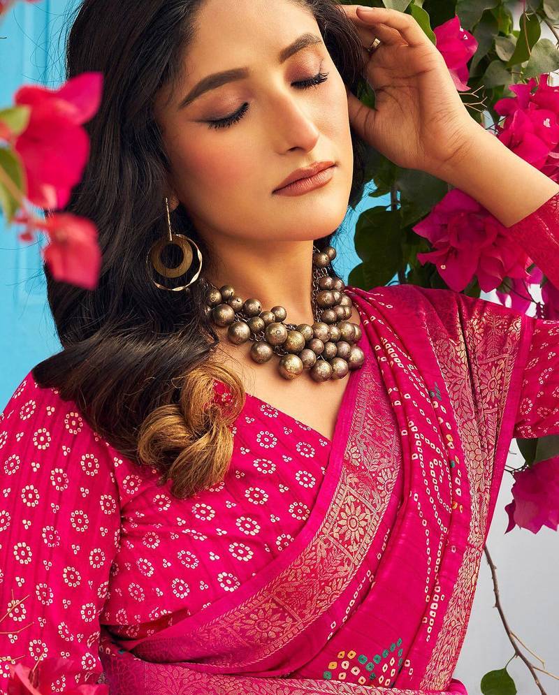 pink bandhani printed zari sungudi saree