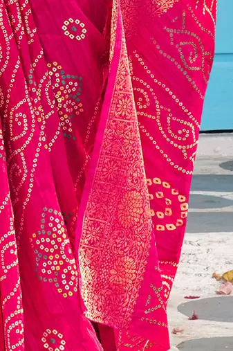 pink bandhani printed zari sungudi saree