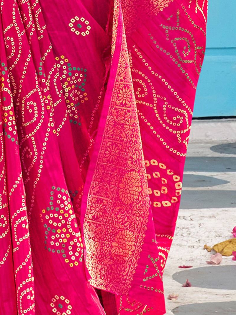 pink bandhani printed zari sungudi saree