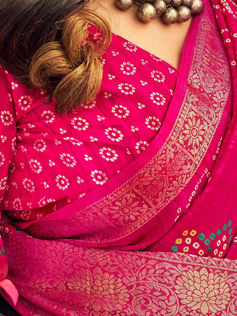 pink bandhani printed zari sungudi saree
