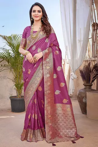 purple purple & gold toned floral zari banarasi saree