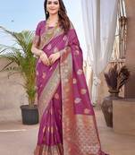 purple purple & gold toned floral zari banarasi saree