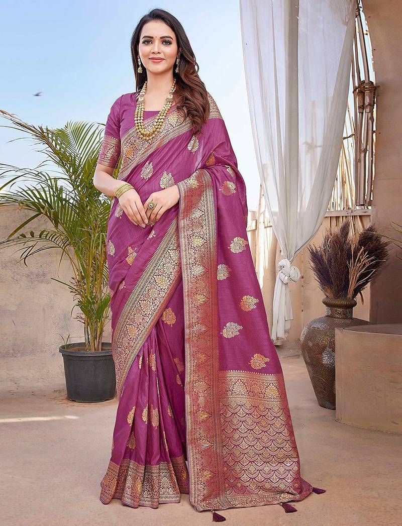 purple purple & gold toned floral zari banarasi saree