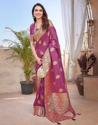 purple purple & gold toned floral zari banarasi saree 2