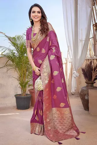 purple purple & gold toned floral zari banarasi saree