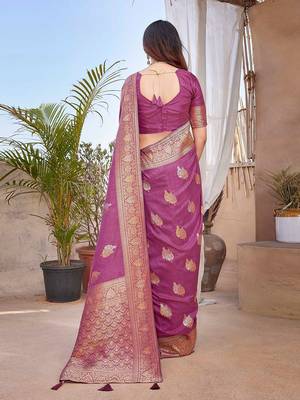 purple purple & gold toned floral zari banarasi saree 3