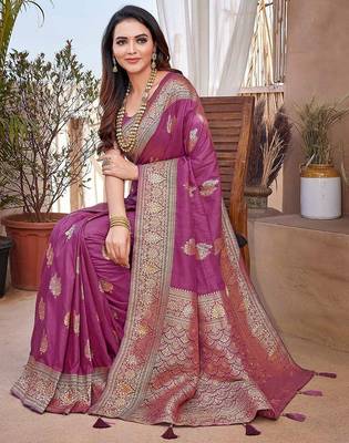 purple purple & gold toned floral zari banarasi saree 4