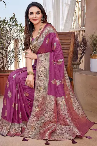 purple purple & gold toned floral zari banarasi saree