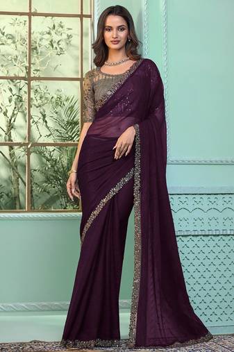 purple embroidered poly chiffon saree