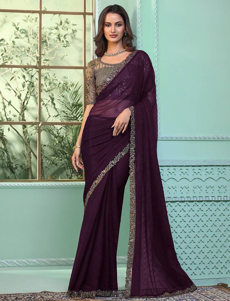 purple embroidered poly chiffon saree