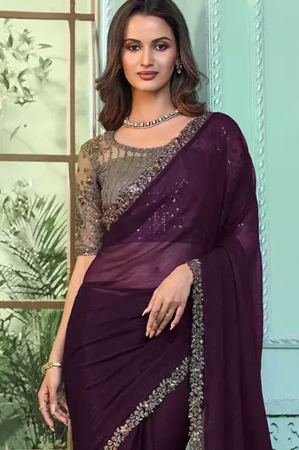 purple embroidered poly chiffon saree