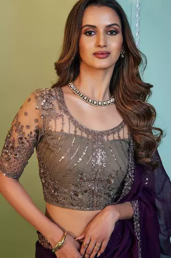 purple embroidered poly chiffon saree