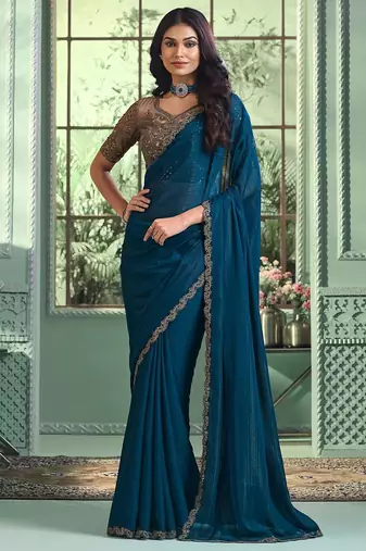teal poly georgette saree