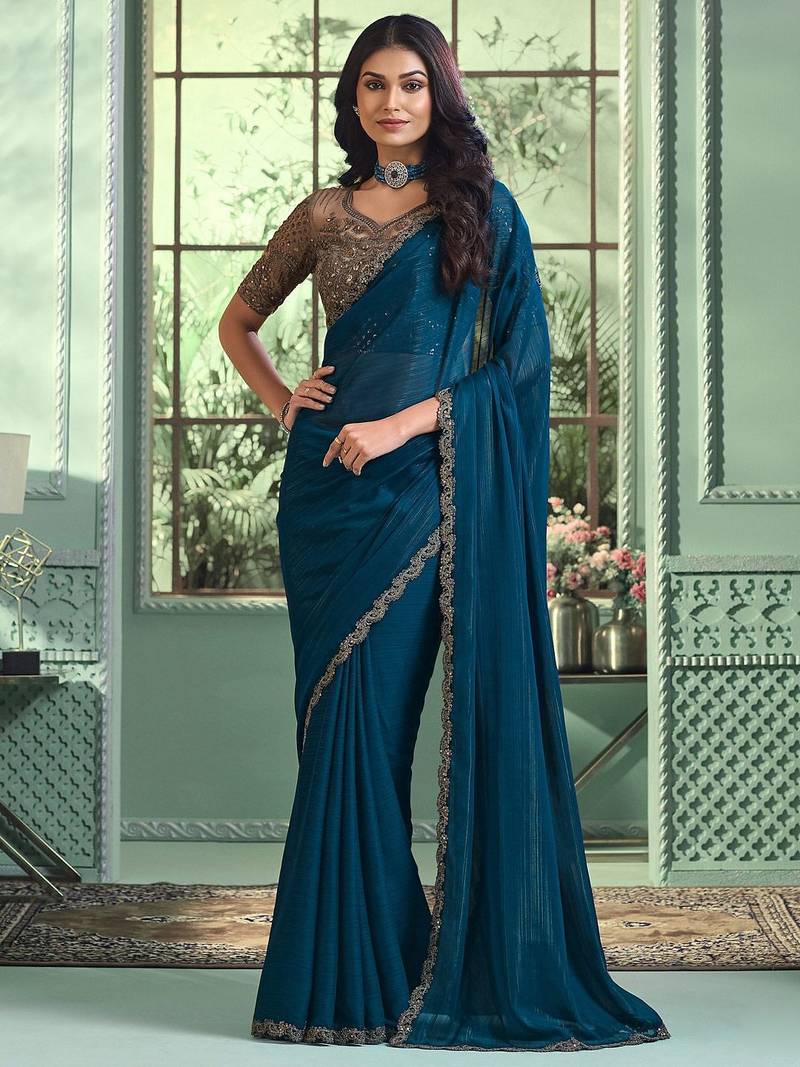 teal poly georgette saree
