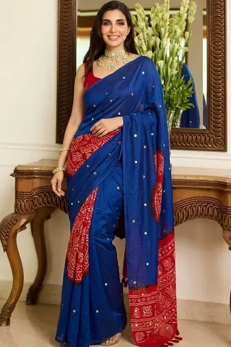 blue batik mirror work saree