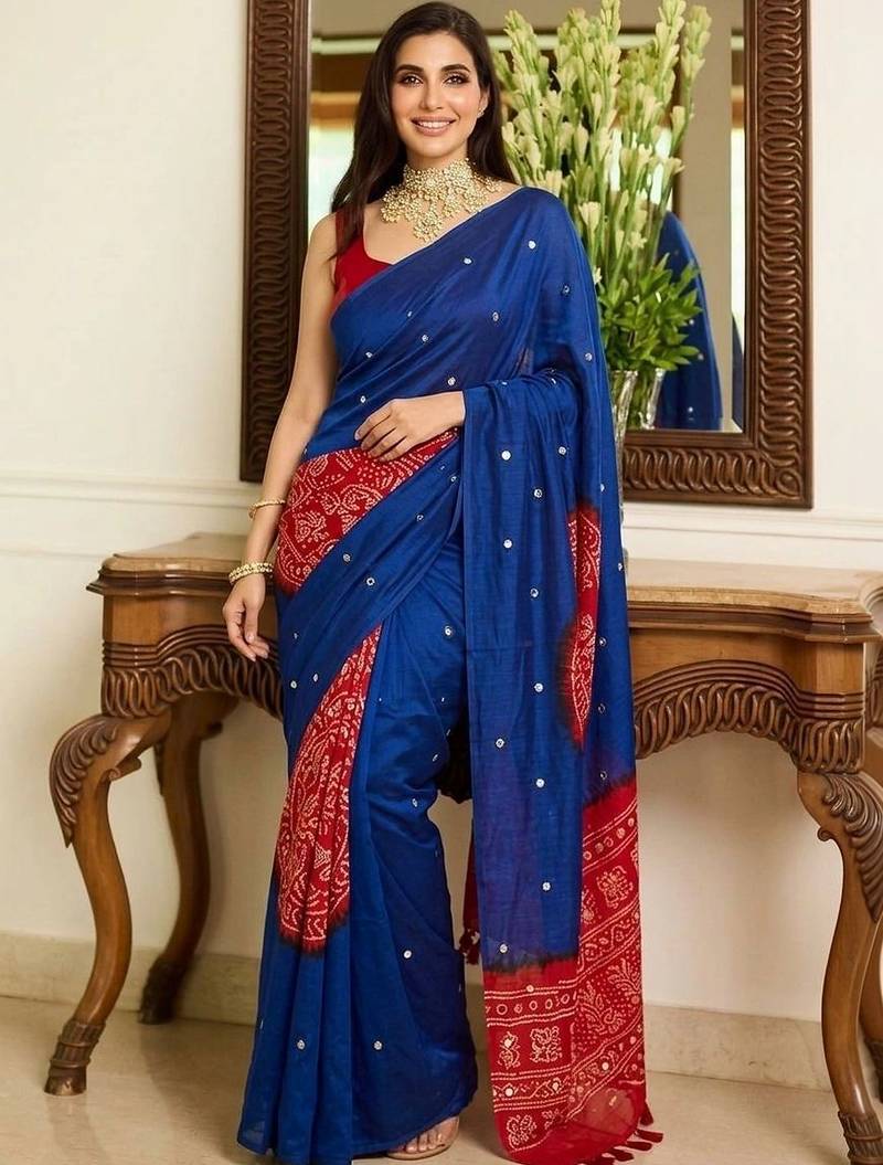 blue batik mirror work saree