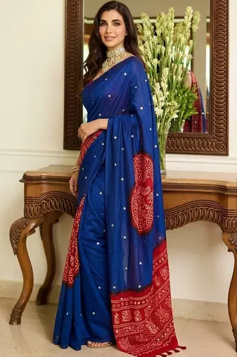 blue batik mirror work saree