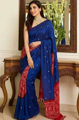 blue batik mirror work saree