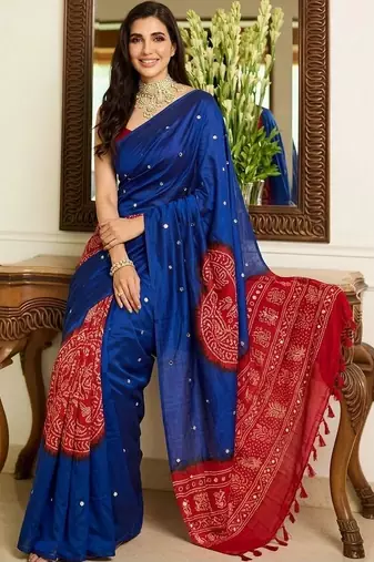 blue batik mirror work saree